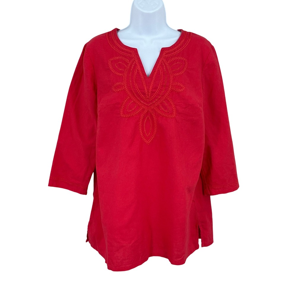 Croft & Barrow Tunic Top Womens M Red Linen Cotton Embroidered Boho‎ Coastal